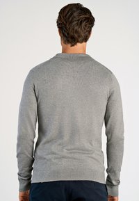 Grå stickad tröja med ribbad rundhals och muddar, med en slät yta och en figurnära passform, sedd bakifrån.