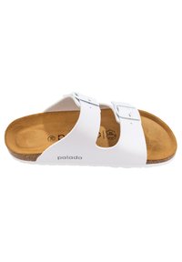 Sandal de cuero vegano blanco con dos hebillas ajustables, plantilla de corcho y suela de goma. Presenta un diseño minimalista y una forma plana.