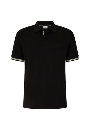 Polo nero con tessuto testurizzato, pettorina a due bottoni e accenti a righe bianche sulle maniche. Dettaglio del logo discreto sul petto.