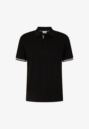 Polo nero con tessuto testurizzato, pettorina a due bottoni e accenti a righe bianche sulle maniche. Dettaglio del logo discreto sul petto.