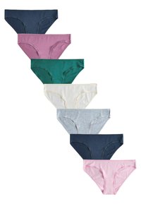 Zeven paar katoenen onderbroeken in verschillende kleuren: marineblauw, lavendel, groen, crème, grijs, donkerblauw en roze, met gladde randen en een eenvoudig ontwerp.