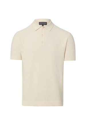 Cremefarbenes, kurzärmeliges, gestricktes Poloshirt mit drei Knöpfen sowie geripptem Kragen, Bündchen und Saum.