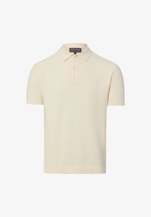 Polo en maille crème à manches courtes avec trois boutons et col, poignets et ourlet côtelés.