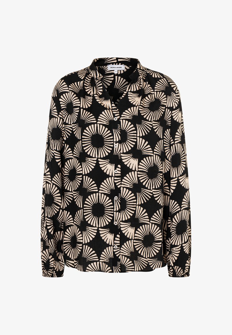 Schwarz-beiges Hemd mit Knopfleiste, das ein geometrisches Spiraldesign, lange Ärmel, einen klassischen Kragen und eine lockere Passform aufweist.