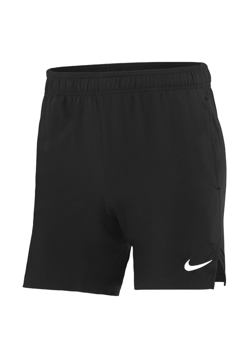 Zwarte sportshorts met een elastische tailleband, voorzien van een wit Nike-logo aan de onderkant links. Gemaakt van een lichtgewicht, gladde stof.