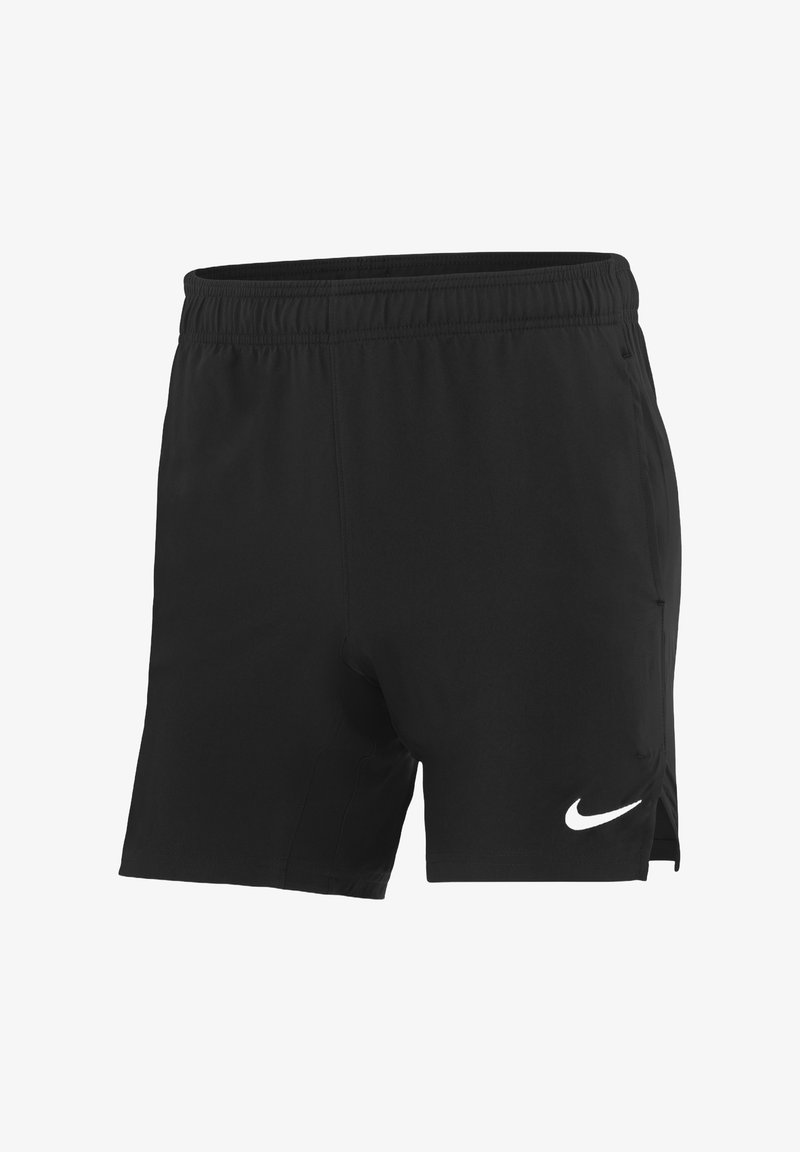 Schwarze Sportshorts mit elastischem Bund, mit einem weißen Nike-Logo unten links. Hergestellt aus leichtem, glattem Material.