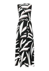 Schwarzes ärmelloses Wickelkleid mit weißen Blattmustern und braunen Akzenten, mit einem gebundenen Bund und einem fließenden Rockdesign.