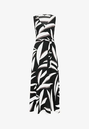 Black sleeveless wrap dress with white leaf patterns and brown accents, featuring a tied waist and a flowy skirt design.