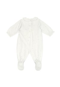 Bodysuit pour bébé en coton blanc avec manches longues, col volanté, poignets élastiques et bas de jambe doux. Présente de petits motifs en points argentés sur l'ensemble.