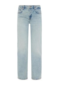 Jasnoniebieskie dżinsy o luźnym prostym kroju, z postrzępionym wykończeniem, pięcioma kieszeniami oraz zapięciem na guzik i zamek błyskawiczny.