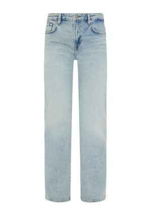 Hellblaue Denim-Jeans mit einer lässigen, geraden Passform, fransigem Saum, Fünf-Taschen-Design und Knopf- sowie Reißverschluss.