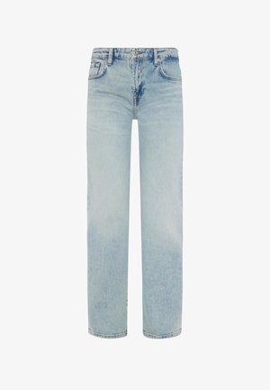 Hellblaue Denim-Jeans mit einer lässigen, geraden Passform, fransigem Saum, Fünf-Taschen-Design und Knopf- sowie Reißverschluss.