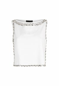 Haut blanc sans manches avec encolure carrée, décoré de strass argentés carrés et ronds le long des bords.