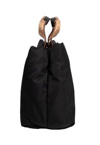 Borsa tote nera in tessuto stropicciato con due manici marrone chiaro, caratterizzata da un sottile motivo mappa del mondo.