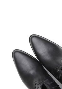 Chaussures noires en cuir avec un bout pointu, texture lisse et un détail de couture subtil sur les côtés. La semelle présente un léger éclat.