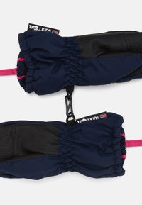 Marineblaue Handschuhe mit schwarzem strukturiertem Griffmaterial; mit elastischen Bündchen und rosa Riemen. Mit einem Clip zur Befestigung und einem sichtbaren Logoschild.