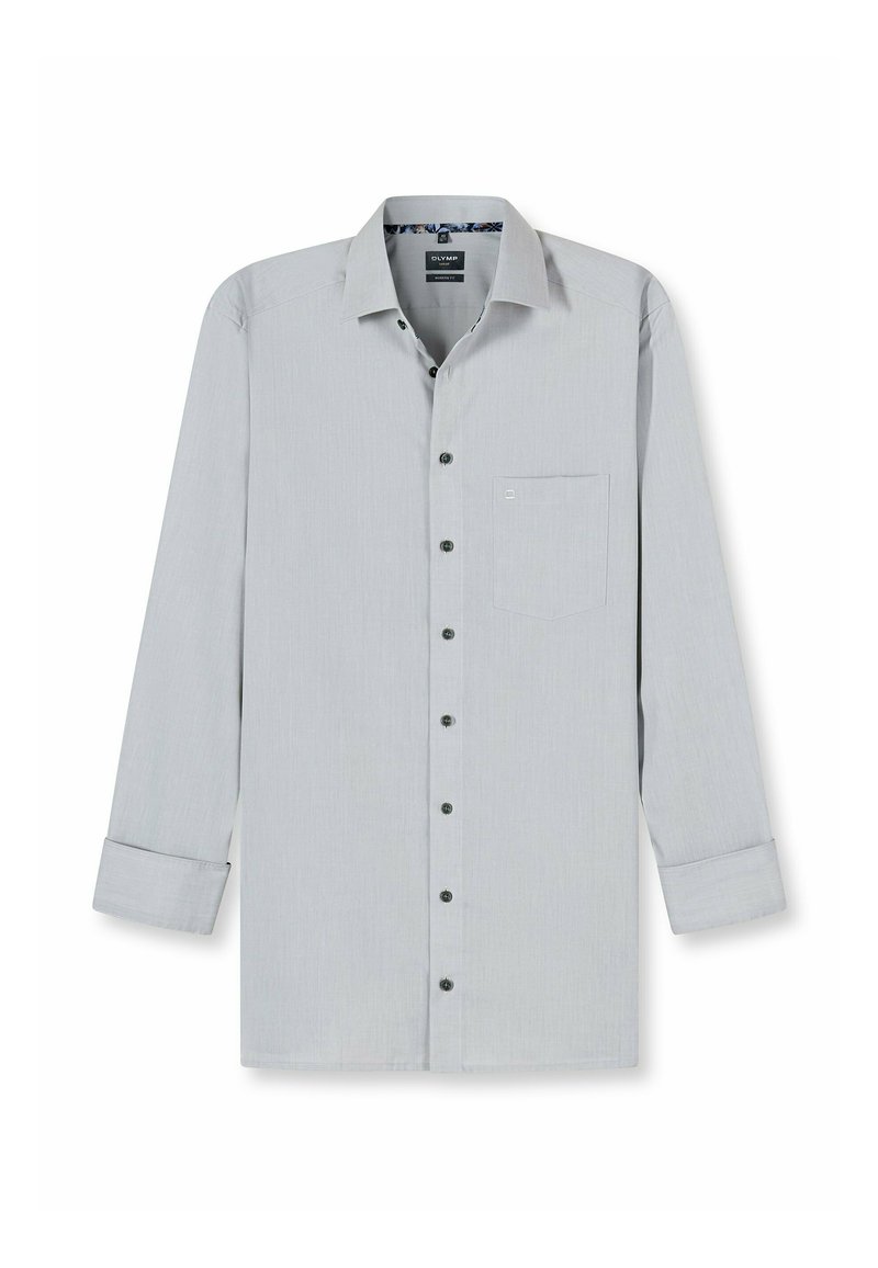 Helles graues Langarmhemd mit Button-Down-Kragen, französischer Tasche und kontrastierenden Knopfdetails. Der Stoff weist eine subtile Textur auf.