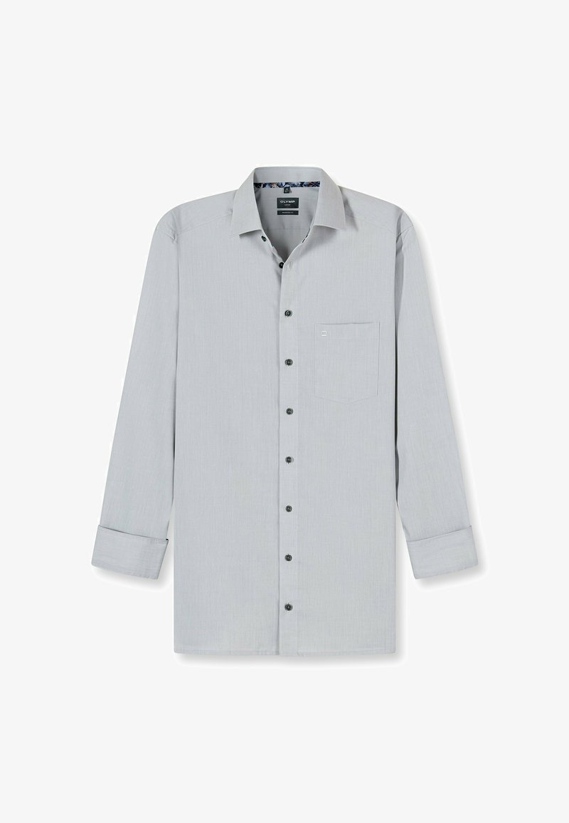 Helles graues Langarmhemd mit Button-Down-Kragen, französischer Tasche und kontrastierenden Knopfdetails. Der Stoff weist eine subtile Textur auf.