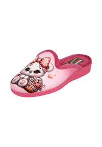 Zapatillas rosas con un gráfico de panda en la parte superior, que incluyen una cesta, flores y corazones, fabricadas con un tejido suave y con una suela acolchada.