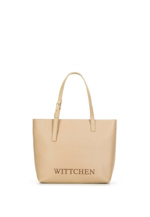 Beige leren schoudertas met twee schouderbanden, rechthoekige vorm, geperste "WITTCHEN" logo aan de onderkant, gladde textuur, minimalistisch ontwerp.