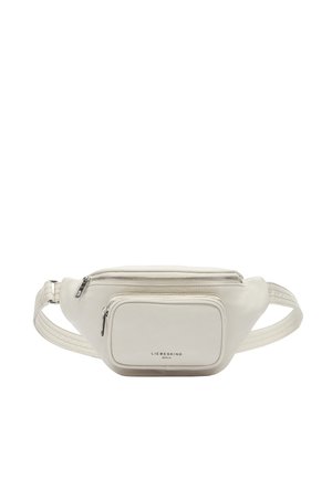 Marsupio in pelle bianca con una superficie liscia, dotato di un compartimento principale con zip e una tasca frontale, entrambi sicuri grazie a hardware argentato.