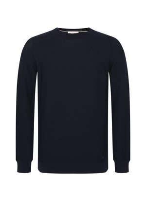 Suéter de punto azul marino con un patrón texturizado, cuello redondo y mangas largas. Presenta puños y dobladillo acanalados para un ajuste ceñido.