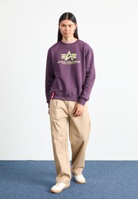 Purple sweatshirt with yellow logo, beige wide-leg pants, and white sneakers. The texture appears soft, with a relaxed fit overall.