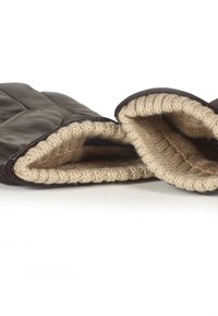 Muffole in pelle marrone con design trapuntato, dotate di una morbida fodera in maglia beige e un ampio polsino per isolamento e comfort.