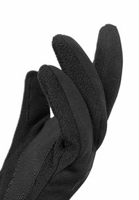 Schwarze Handschuhe mit einem strukturierten, gepolsterten Design. Drei Finger haben eine weiche, plüschige Oberfläche, die eine enge Passform für verbesserten Grip bietet.
