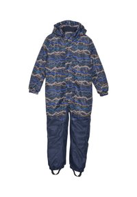 Mønstret snowsuit med hette, med et bølgedesign i blått og grått, elastiske cuffs, og mørkeblå bukser med integrerte fotremmer.