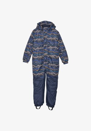 Mustriga talveülikond kapuutsiga, millel on sinine ja hall lainemuster, kummist mansetid ja tumehall püksid integreeritud jalastrappidega.