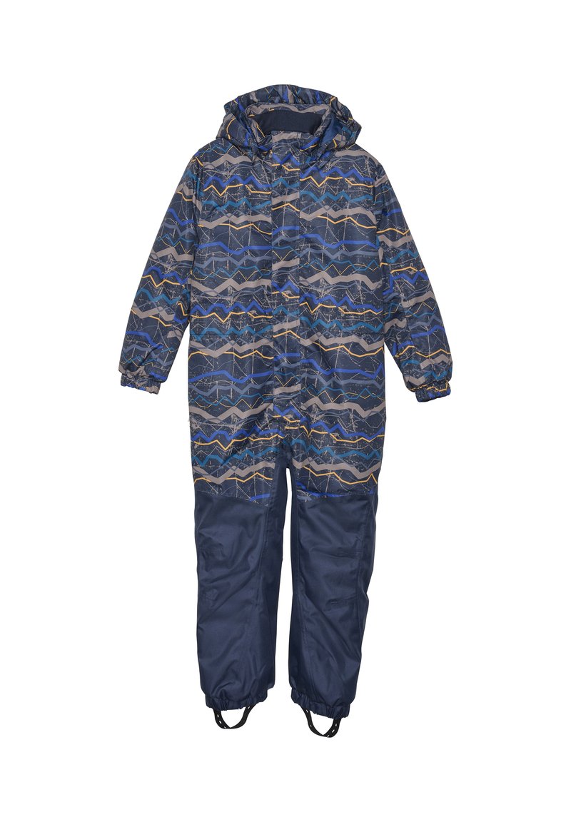 Mønstret snowsuit med hette, med et bølgedesign i blått og grått, elastiske cuffs, og mørkeblå bukser med integrerte fotremmer.