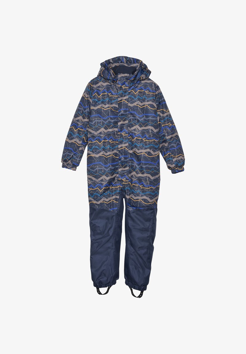 Tutina invernale con motivo a onde blu e grigie, dotata di cappuccio, maniche elastiche e pantaloni blu scuro con cinturini integrati per i piedi.