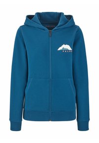 Felpa blu con zip, tasche frontali, polsini a coste e un logo di montagna bianco con il testo "FALKE" sul petto sinistro.