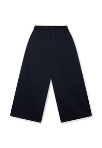 Navyblauwe wijde broek gemaakt van een gladde stof, met een elastische tailleband en een minimalistisch ontwerp zonder zichtbare sluitingen of patronen.