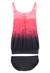 Ensemble tankini comprenant un haut dégradé de rose à noir avec un ourlet froncé et un bas noir uni. Fabriqué en tissu lisse et extensible.