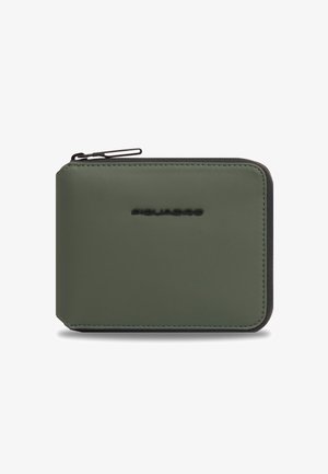 Portefeuille compact en cuir vert foncé avec fermeture éclair noire et logo embossé centré sur le devant.