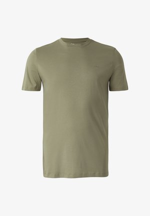 Gładki oliwkowozielony t-shirt z krótkim rękawem i okrągłym dekoltem, z subtelnym logo na lewej piersi, prezentowany na białym tle.