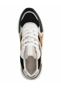 Sneaker featuring a black, white, and tan upper with suede and patent leather textures, round toe, and flat white laces.