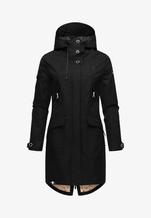 Black waterproof parka with a hood, zippered front, drawstrings, multiple pockets, and a floral-patterned lining. Smooth texture, mid-thigh length.