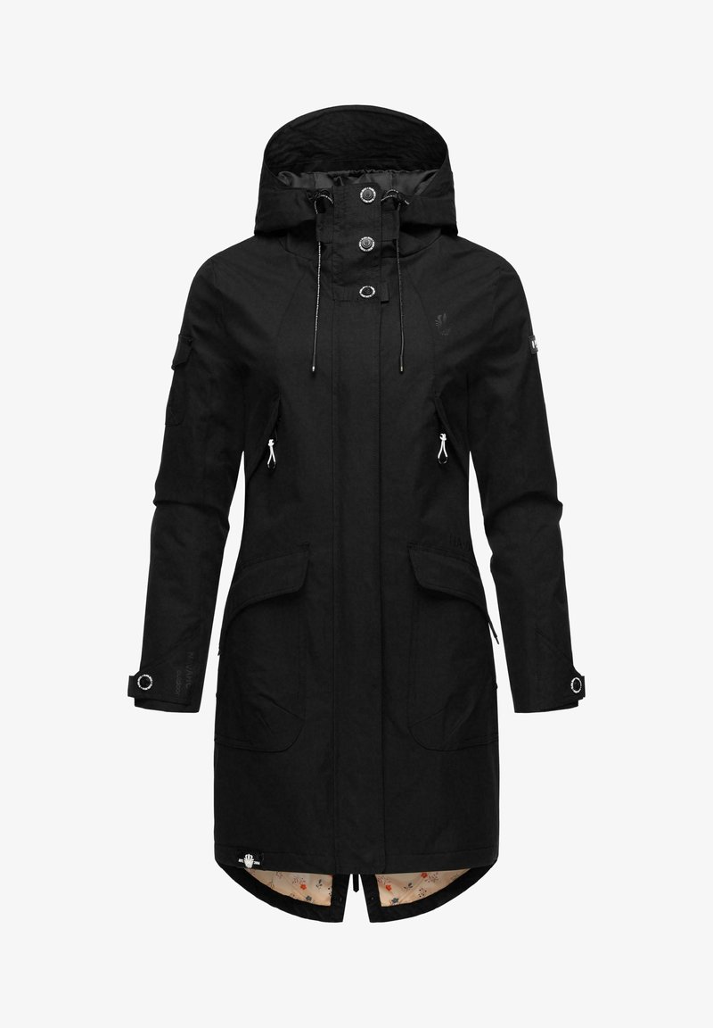 Parka noire imperméable avec capuche, fermeture éclair à l'avant, cordons de serrage, plusieurs poches et doublure à motif floral. Texture lisse, longueur mi-cuisse.