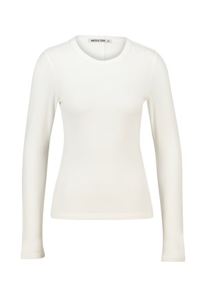 White long-sleeve top made from ribbed cotton fabric. Features a round neck and fitted silhouette with a smooth texture and no patterns.