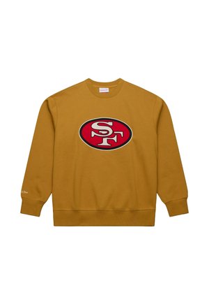 Goldener Pullover aus Baumwolle mit einem roten und weißen ovalen Logo, das in der Mitte "SF" zeigt. Rippstrickbündchen und -saum.