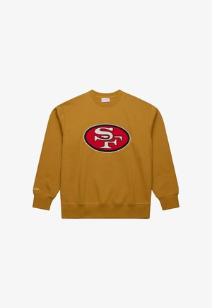 Goldener Pullover aus Baumwolle mit einem roten und weißen ovalen Logo, das in der Mitte "SF" zeigt. Rippstrickbündchen und -saum.