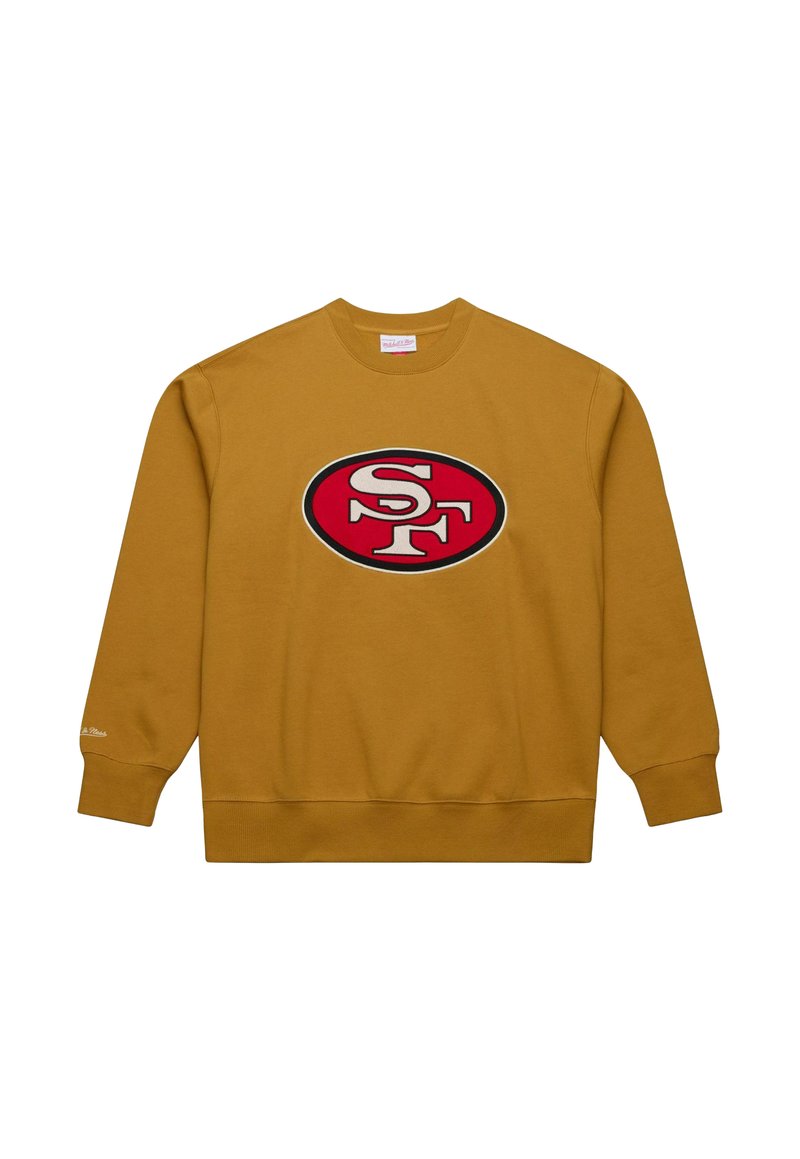 Goldener Pullover aus Baumwolle mit einem roten und weißen ovalen Logo, das in der Mitte "SF" zeigt. Rippstrickbündchen und -saum.