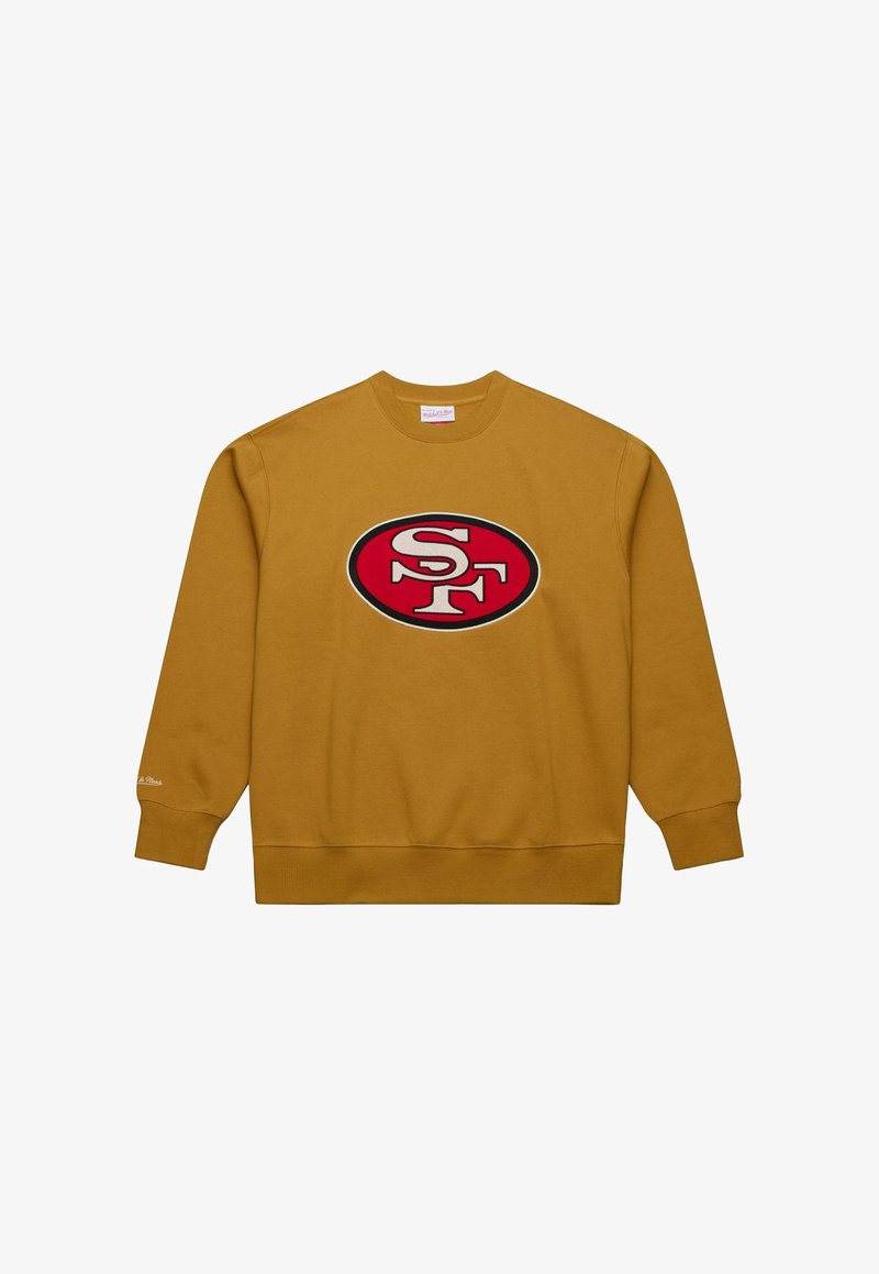 Goldener Pullover aus Baumwolle mit einem roten und weißen ovalen Logo, das in der Mitte "SF" zeigt. Rippstrickbündchen und -saum.