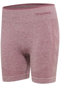 Shorts de sport sans coutures couleur mauve chiné, mi-cuisse, avec des panneaux texturés et le logo hummel sur la ceinture gauche.