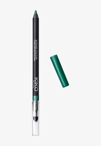 Green eyeliner pencil with black casing and silver accents. The cap is green, and a sharpener is integrated into the base for convenience.