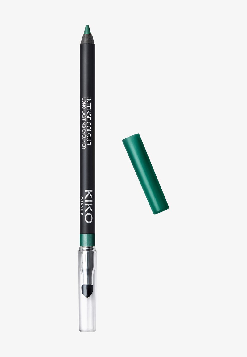 Green eyeliner pencil with black casing and silver accents. The cap is green, and a sharpener is integrated into the base for convenience.