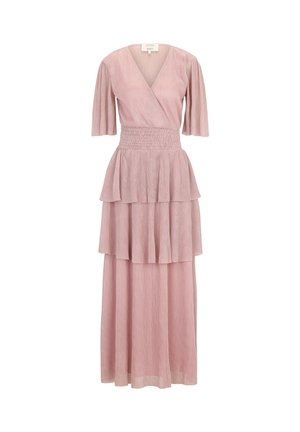 Dusty pink midi dress with V-neck, elbow-length sleeves, shirred waist, and tiered skirt layers made of lightweight, textured fabric.